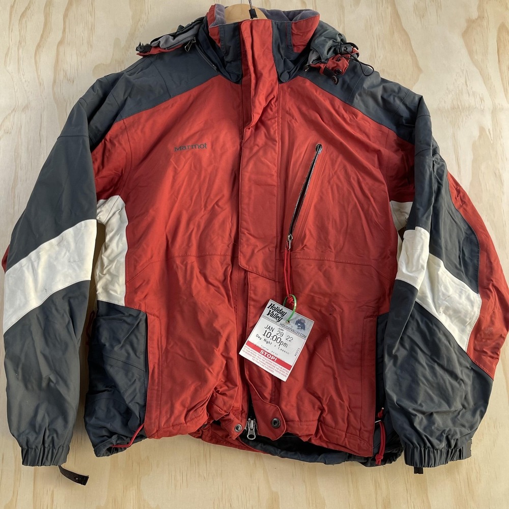 Marmot Ski Jacket Men Medium Orange Colorblock Hooded Insulated Snowboard Winter